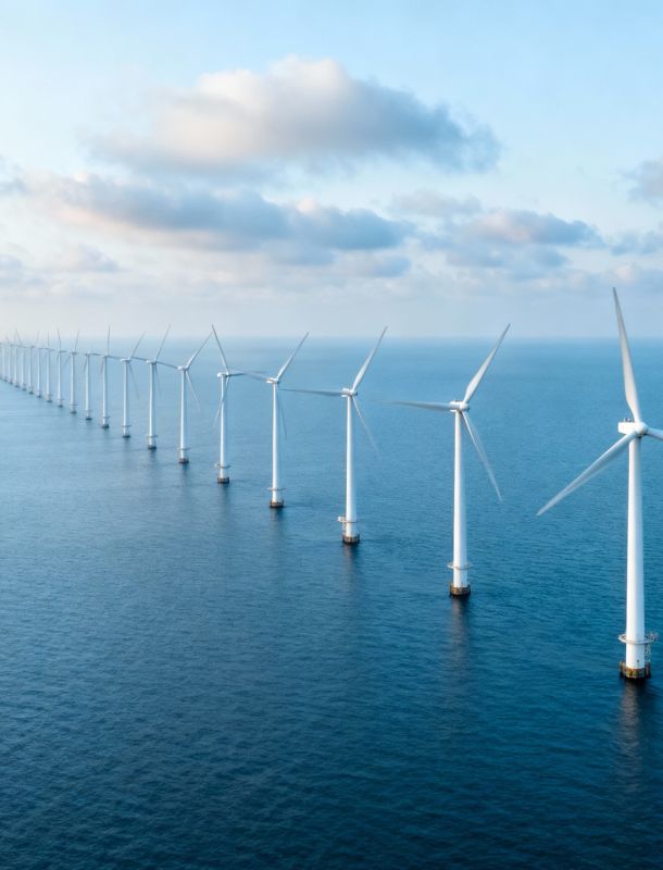Aerial shot of offshore wind turbines in the ocean with a boat nearby, ideal for renewable energy projects or environmental articles